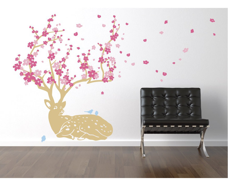 Décalcomanie murale cerf fleur de cerise, 33" H x 28" lx 0.01" D, Beige / Rouge À Lèvres / Rose