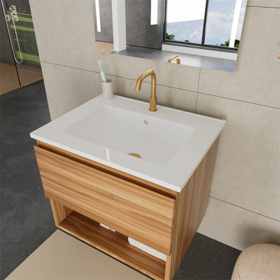 Meuble-lavabo suspendu moderne en noyer de 61 cm (24 po) avec cannelures – Lavabo en céramique avec installation brevetée en 1 minute, tiroirs peu encombrants à fermeture douce