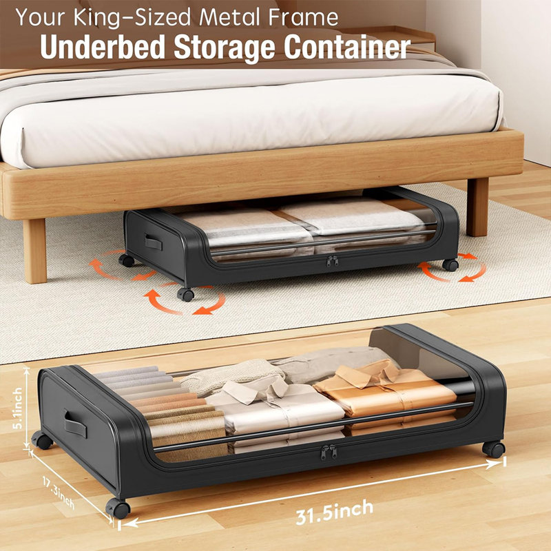 Black Plastic Under Bed Storage Box with Clear Lid and Wheels