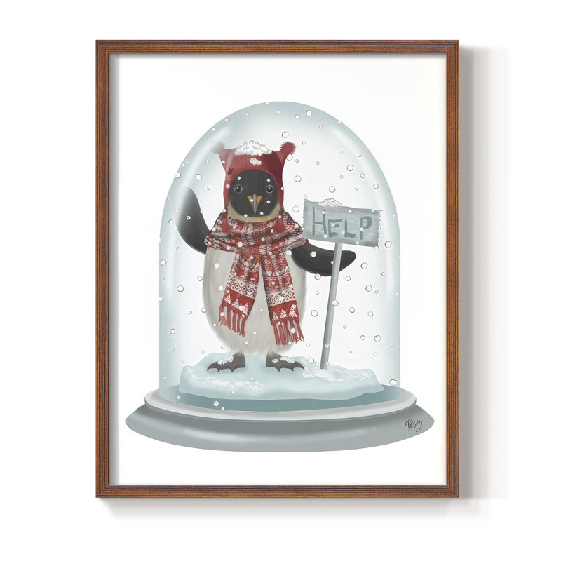 «Christmas Penguin Snow Globe», reproduction encadrée - bois massif, H 15 po x l 12 po, Noyer