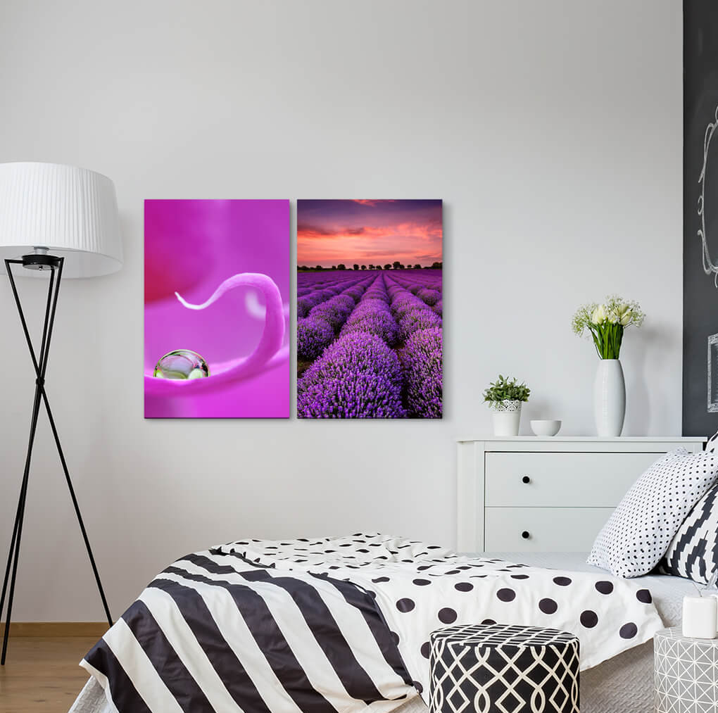 2-tlg. Leinwandbilder-Set - Fotografie „Orchid Water Pearl Lavender Field Nature Calming Relaxing”