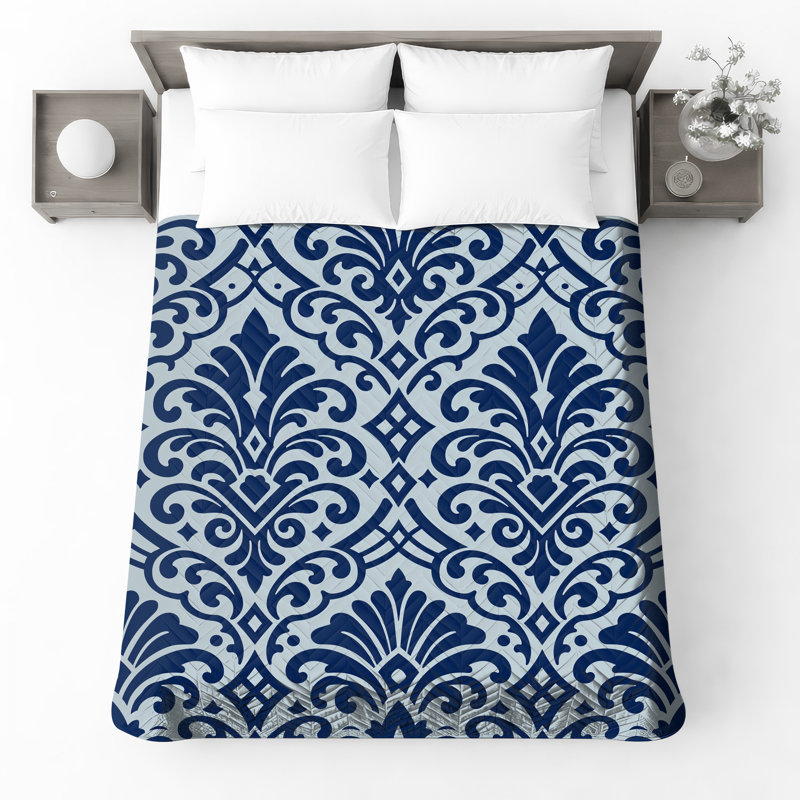 Blue Damask Pattern Quilted Bedspread All Sizes, Queen
