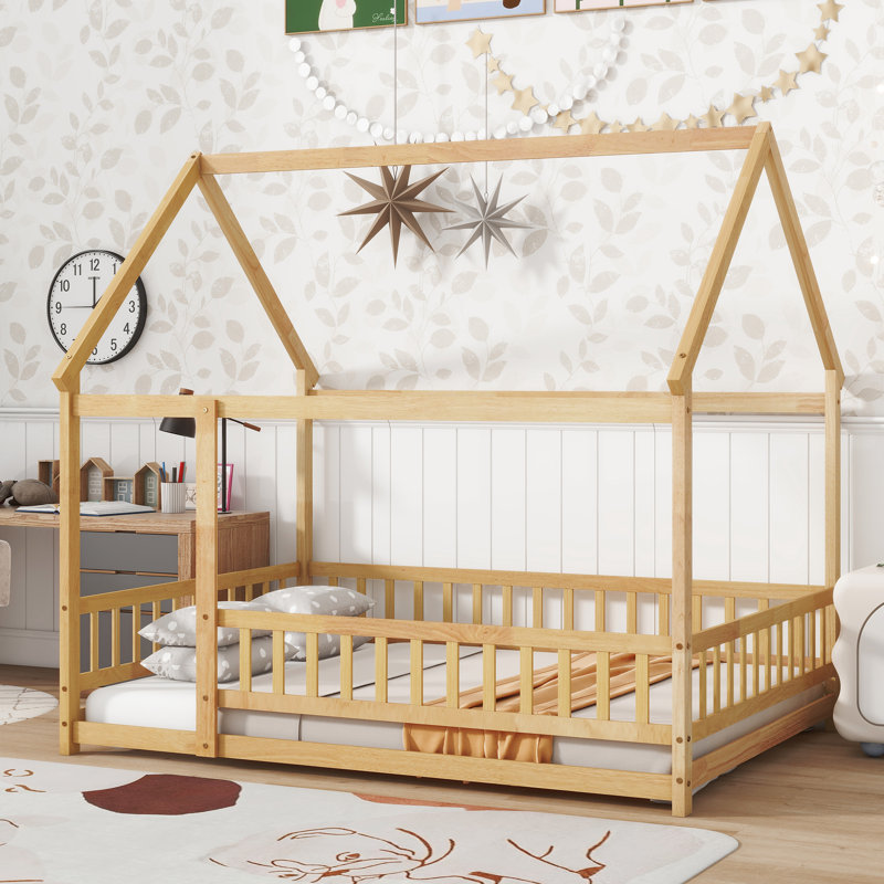 Full Size House Floor Wooden Bed With Roof Frame, Safety Guardrails,Natural, Natural, Full