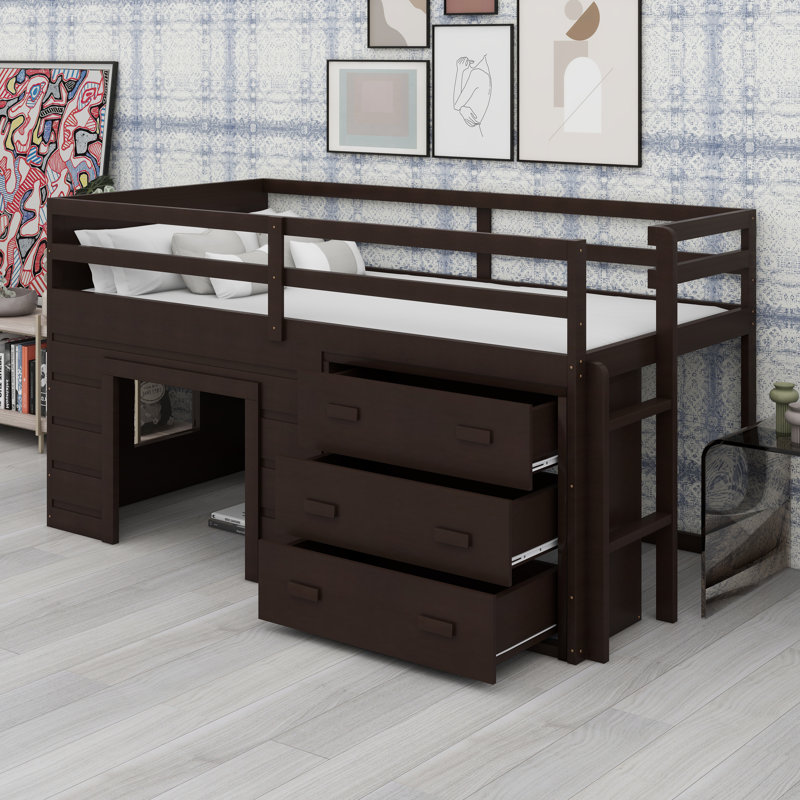 Lit mezzanine avec armoire intégrée et tablettes, Espresso