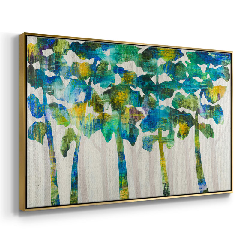 Tall Trees VII - peinture sur toile tendue, Cadre doré, H 37 po x l 25 po x P 2 po