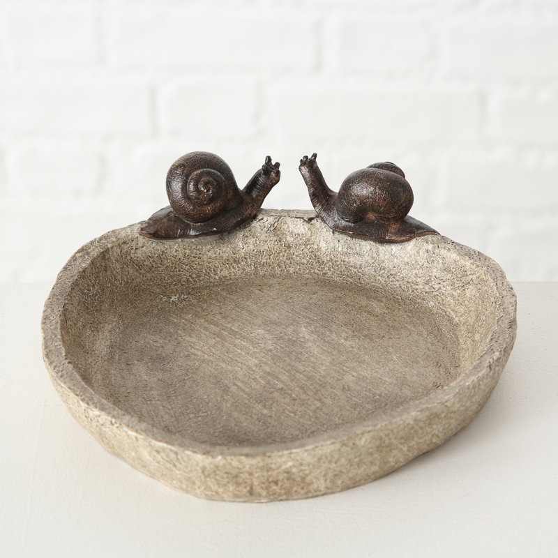 Off-White Stone Finish Bird Bath with Snails