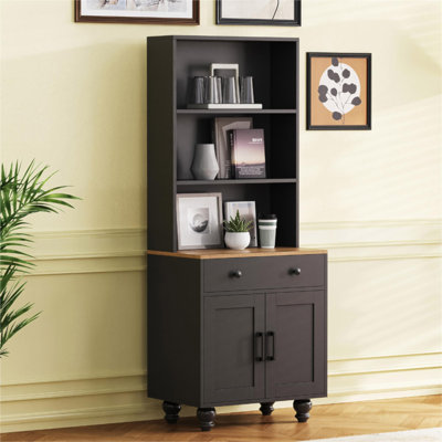 Farmhouse Storage Cabinet With 4 Solid Wood Gourd-Shaped Legs, Modern Kitchen Pantry Cabinet With Adjustable Shelves And 5 Tier Bookshelf With Drawer For Living Room