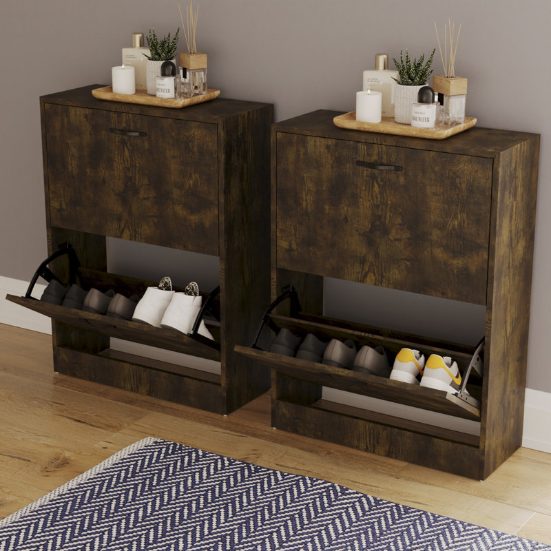 Drawer Flip Down Shoe Storage Free Standing Cabinet For Hallway, 80" H x 60" W x 24" D, Dark Wood