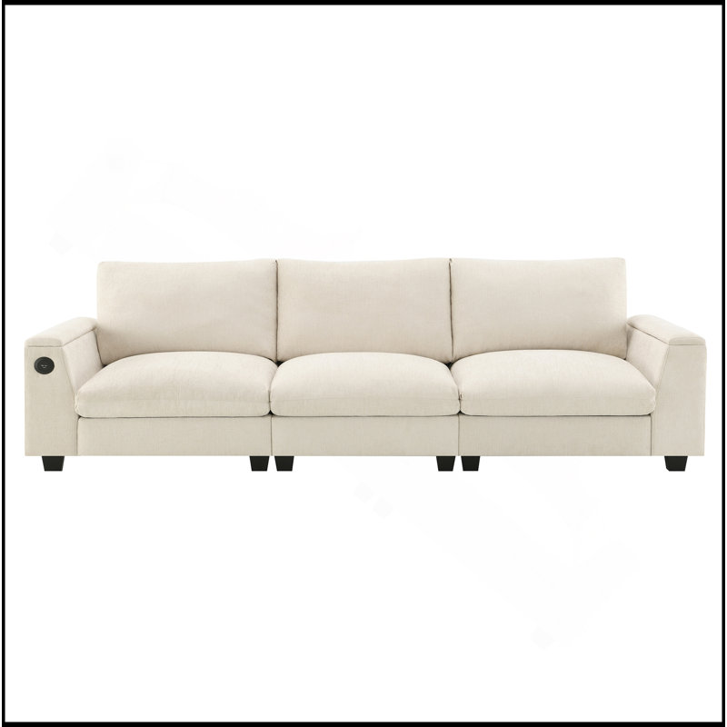 Canapé modulaire 96 * 35 po Chenille avec haut-parleur Bluetooth, ensemble de canapé Comfy Cloud avec table rabattable, porte-gobelets, chargeur USB, accoudoir de rangement, canapé à large siège pour salon, appartement, bureau,