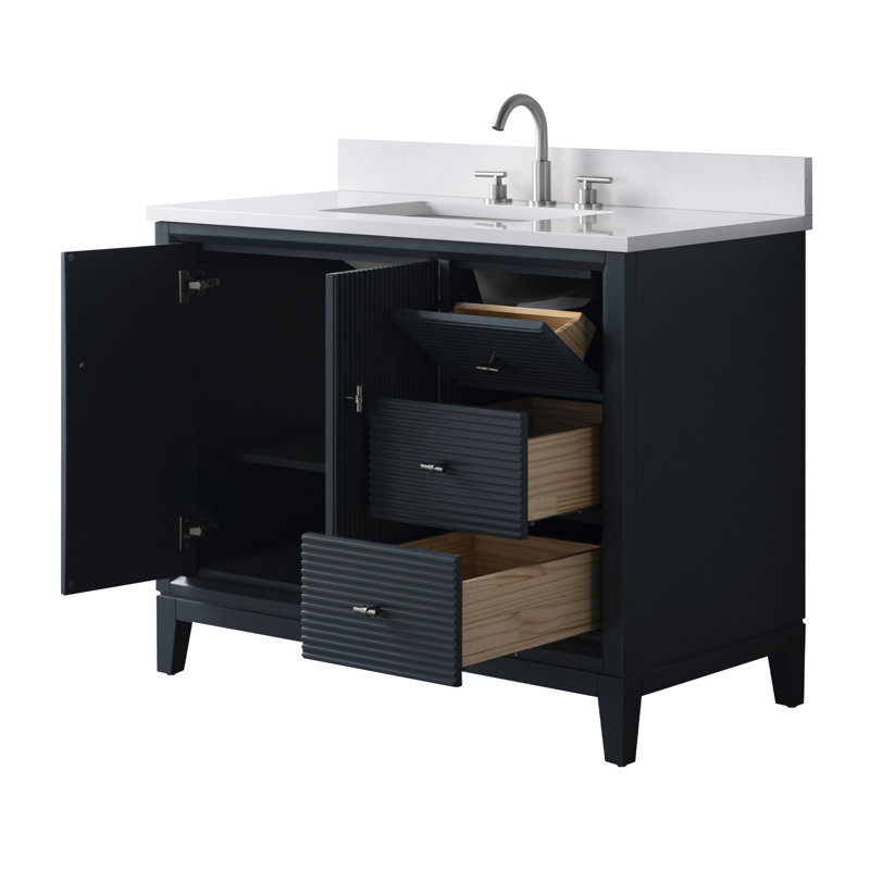 Meuble-lavabo simple 42 po avec plateau en marbre, Nickel brossé, Bleu épinette rétro, Blanc Ariston