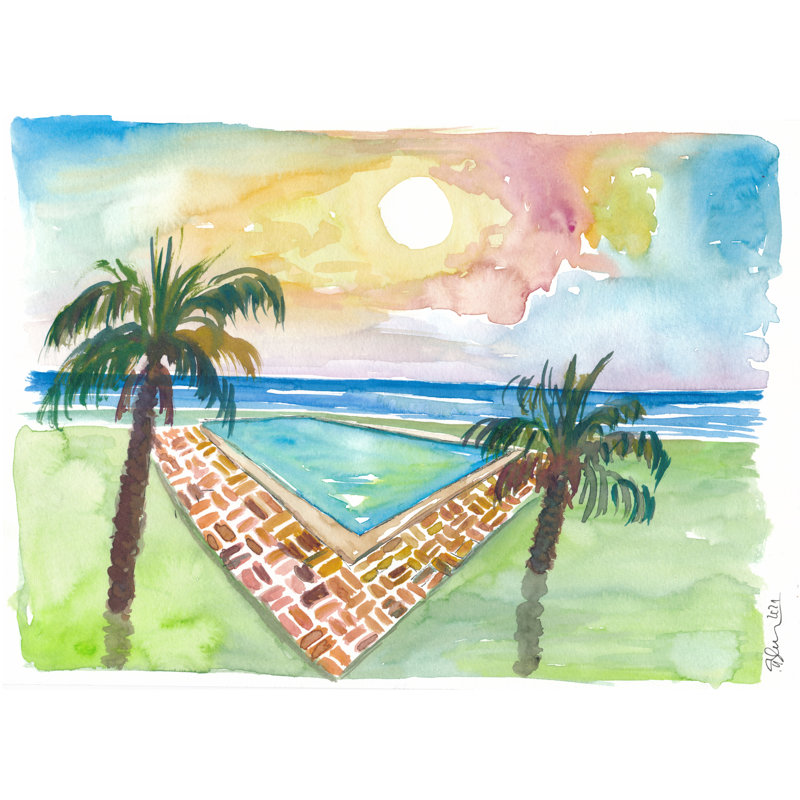 Piscine à débordement avec vue sur la mer des Caraïbes par Martina Bleichner - Peinture, H 24 po x l 32 po, Toile tendue