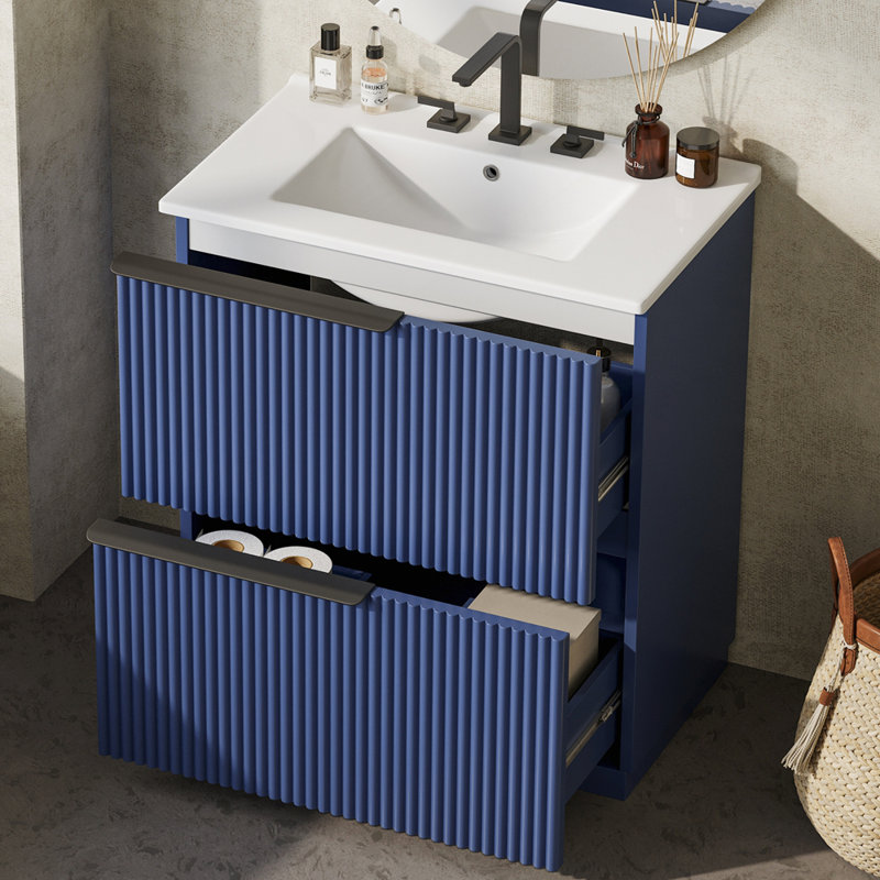 Lavabo en céramique de haute qualité avec rangement intégré et conception cannelée, Blue