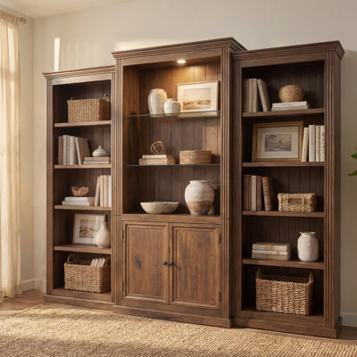 Vitrine de bibliothèque 3 pièces avec plafonnier à DEL réglable 5 couleurs, tablettes de style rétro avec tablettes en verre trempé pour le salon, le bureau, le studio ou l'espace de travail