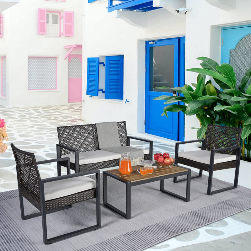 Ensemble de meubles de patio 4 pièces avec balcon et véranda, Coussin blanc / cadre noir