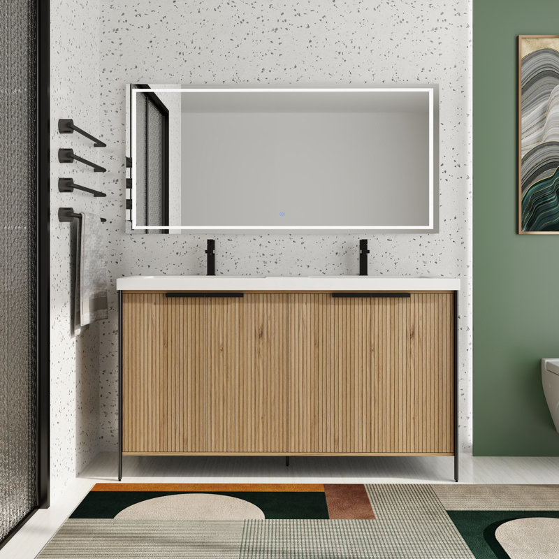 Meuble-lavabo double autoportant 60 po avec plateau en résine 60 po