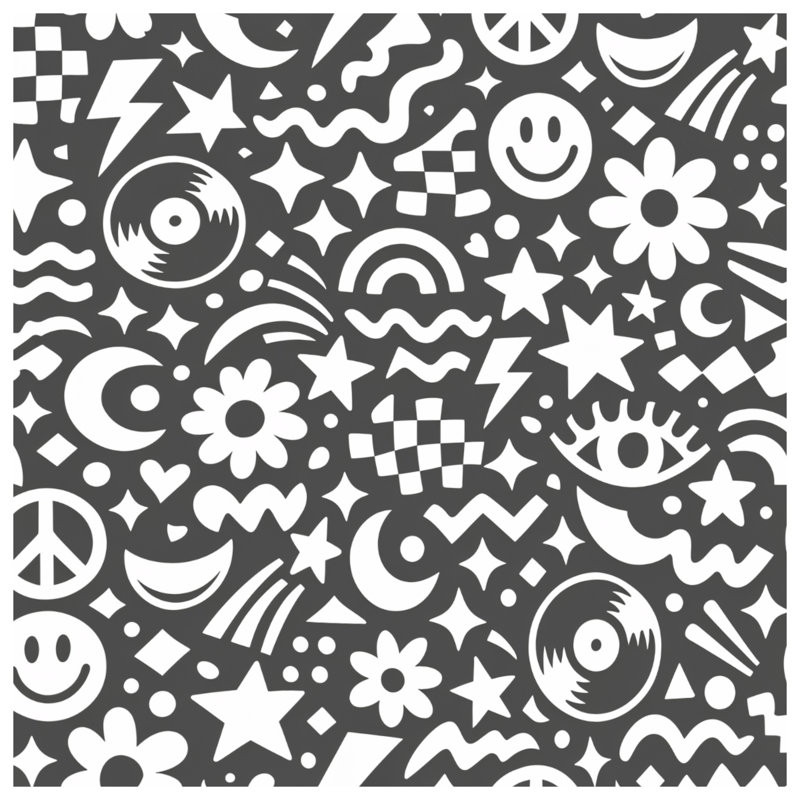 Toile tendue sur fond noir avec symboles noirs et blancs, 16 x 16 inches