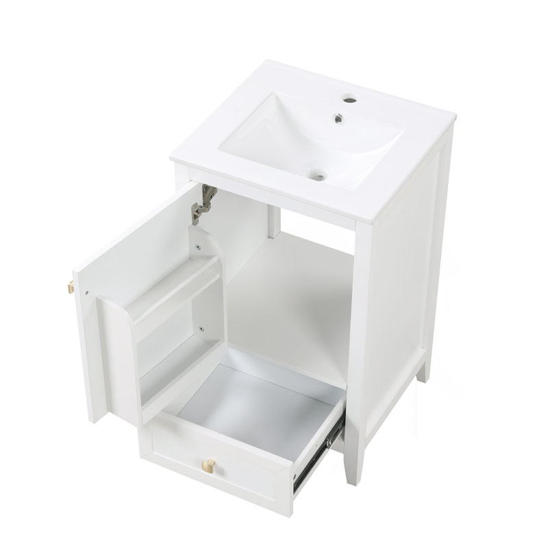 Meuble-lavabo de 20 po avec lavabo, armoire de salle de bain avec porte à fermeture douce, support de rangement et tiroir, blanc