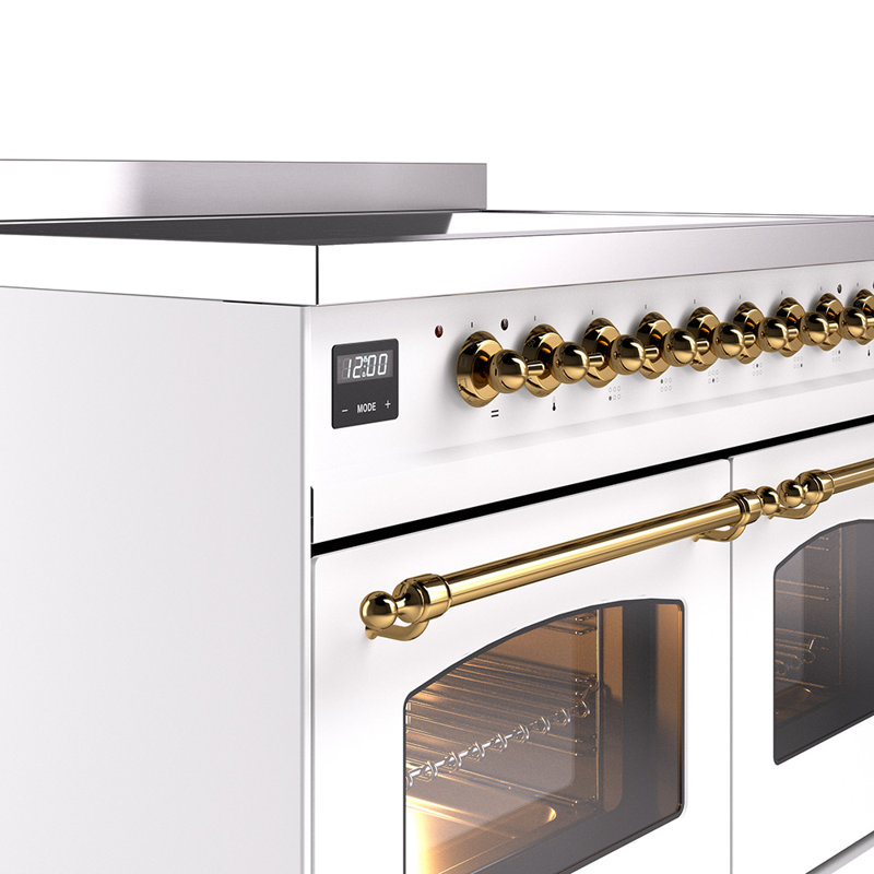 ILVE Nostalgie II Series 40 inch Induction Range with 6 Induction Elements (Glass Door), White/Brass
