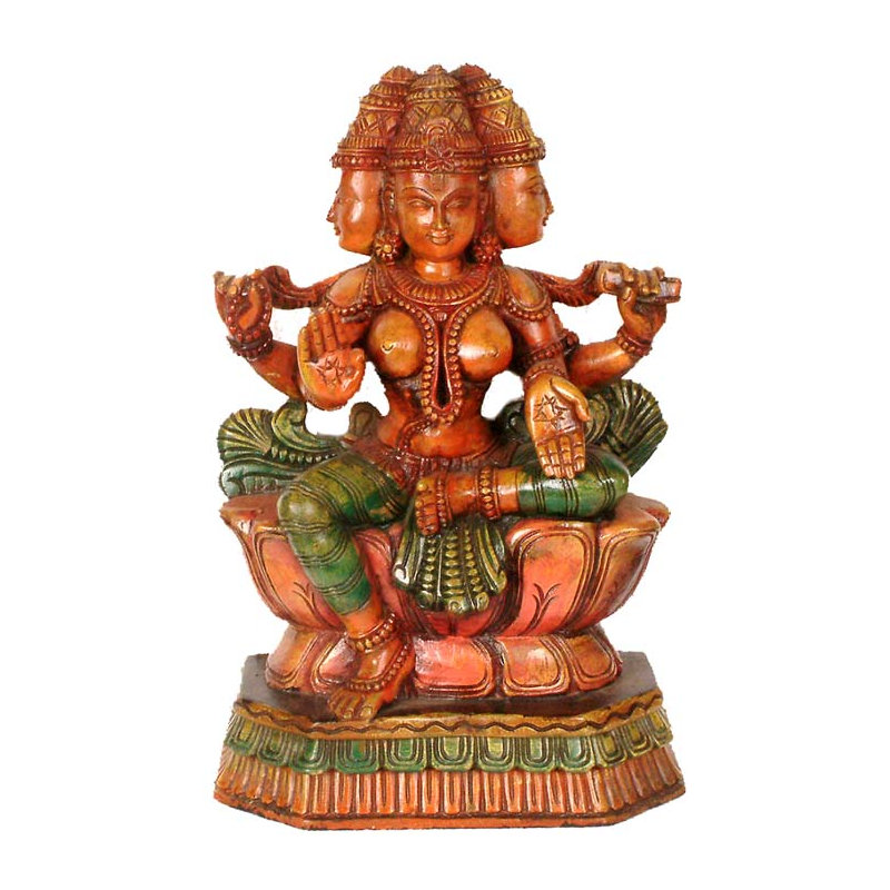 Statue de Gayatri Devi en bois faite à la main - déesse traditionnelle du savoir d'Asie du Sud, pièce maîtresse de l'autel spirituel, décoration intérieure