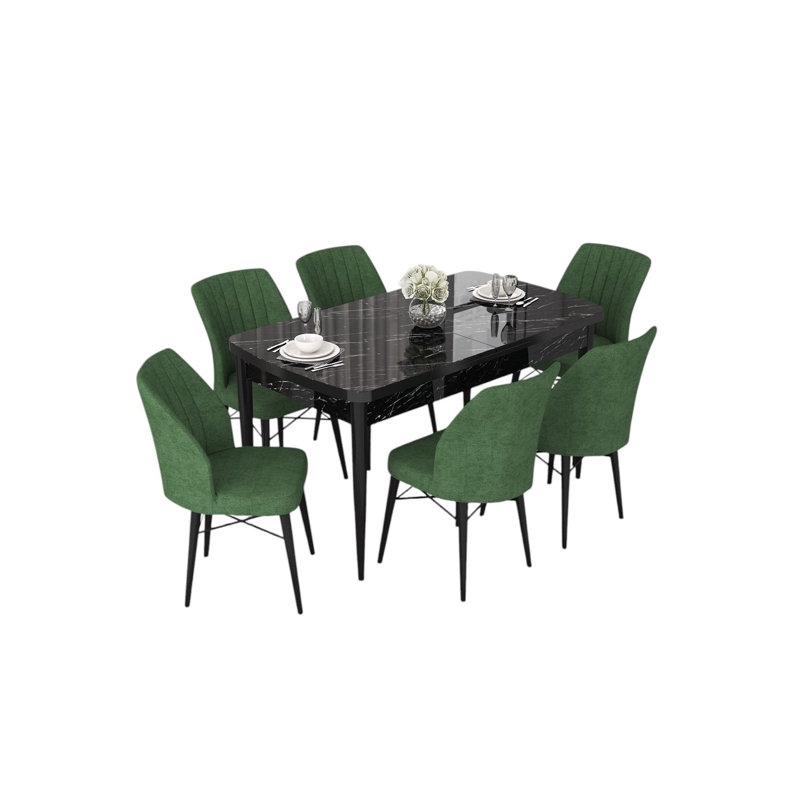 Ensemble de table et chaises de salle à manger extensible Modern (7 pièces), marbre noir et kaki | 100% panneau de fibres à densité moyenne avec pieds en bois, structure de chaise en métal | Table: 44,9 po x 30,7 po x 27,6 po (ouverte: 56,7 po) | Sièges en mousse confortables pour une expérience culinaire élégante
