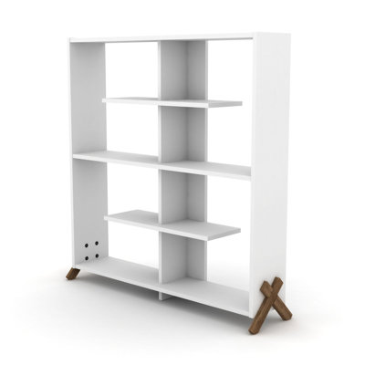 Élégante bibliothèque à 6 tablettes avec cadre ouvert en bois pour organiser et exposer des livres et des objets de décoration.