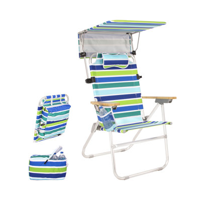 Heavy Duty Tall Beach Chair with Canopy Shade for Adults, 17" High Off Ground, 4-Position Reclining, Insulated Cooler & Storage Pouch, Bamboo-Finish Arms, 300 lb Capacity
