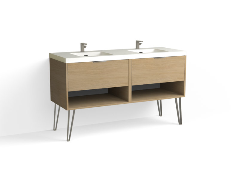 Modo 60" W Freestanding Double Bathroom Vanity with Dawson Leg, Gloss White/8" Widespread, Biondo, Satin Nickel
