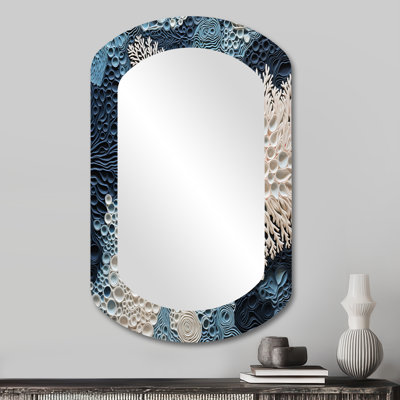 Collage de coraux bleus et blancs sous l'eau - Décor nautique côtier en métal - Miroir mural asymétrique
