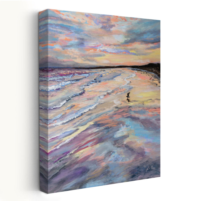 Coucher de soleil coucher de soleil sur la plage avec un oiseau bleu et gris, H 48 po x l 32 po