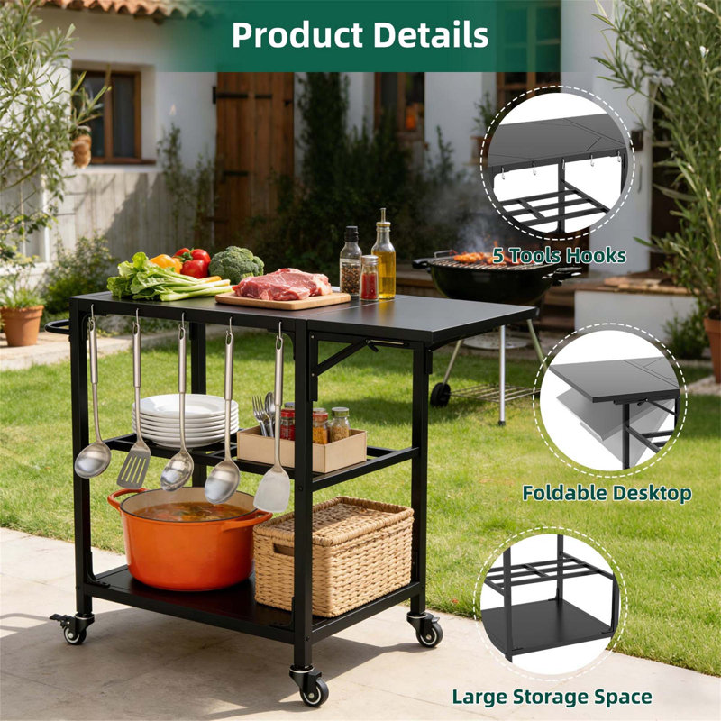 Table de barbecue d'extérieur pour barbecue Big Green Egg, table de préparation pour chariot en métal robuste avec roulettes, tablette de rangement, crochets et couvercle central amovible