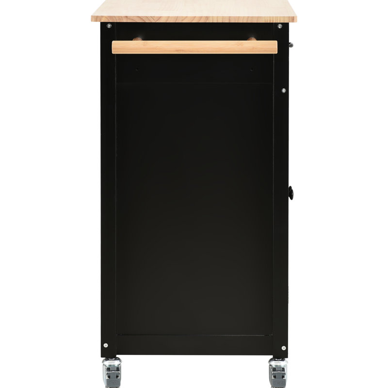 Kitchen Island Cart With Solid Wood Workspace, Black, 4 Door Cabinet, 2 Drawers, Spice Rack & Locking Wheels Wheels, Black Hue,