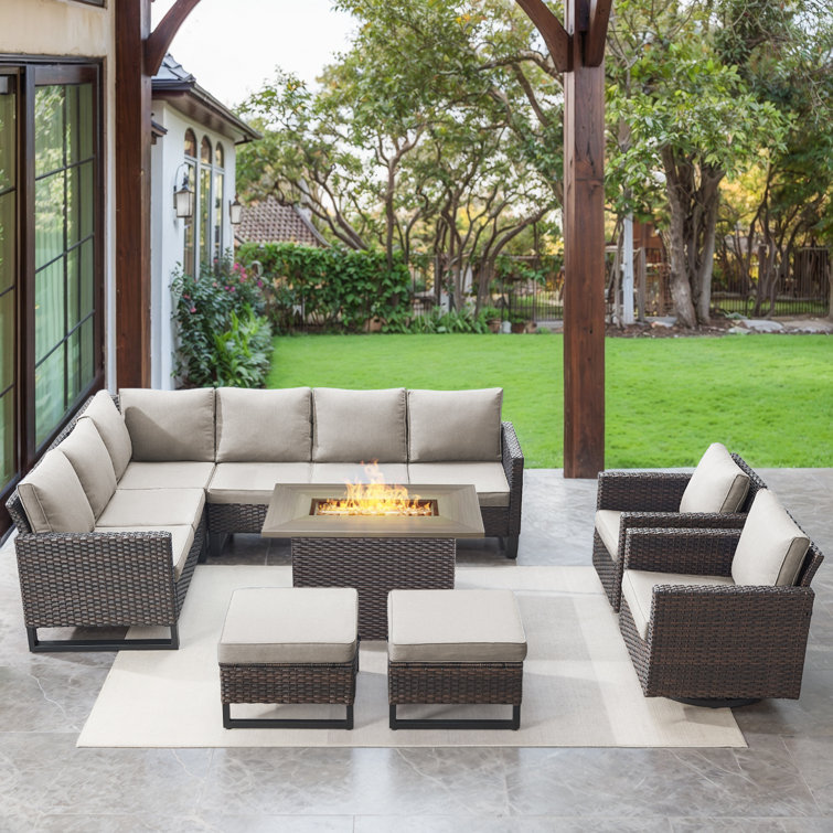 Ingvald 8- Person Outdoor PE Wicker Patio Conversation Set with Fire Pit, Ottomans and Cushions