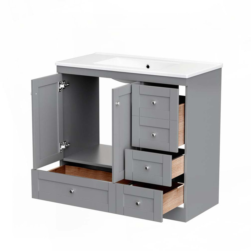 Meuble-lavabo de salle de bain avec lavabo en céramique, 4 tiroirs à fermeture en douceur et 2 portes à fermeture en douceur