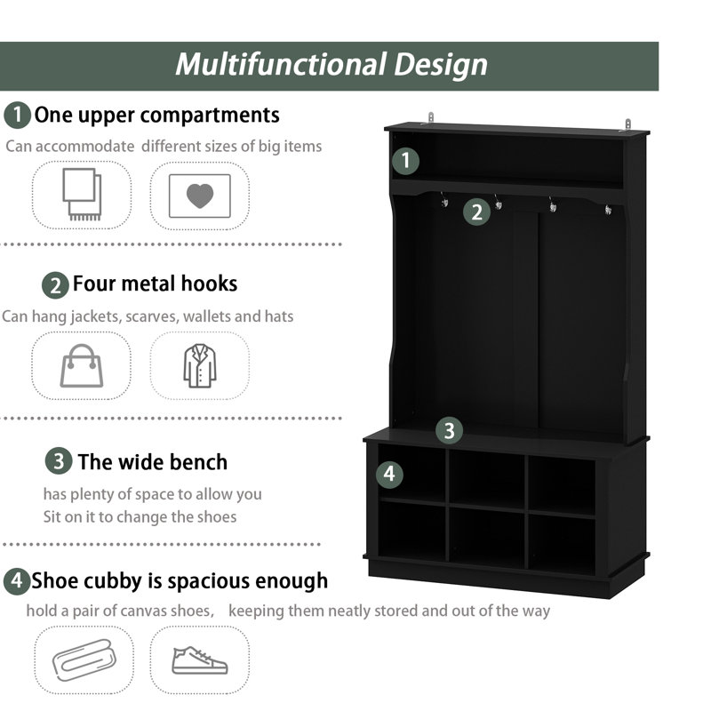Aldoyn Hall Tree 39.8'' Wide with Bench and Shoe Storage, Black