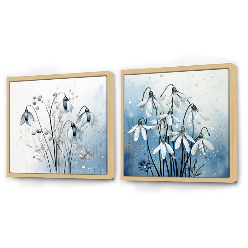 Minimalisme bleu et blanc Snowdrops Bloom - Snowdrops Square, ensemble de 2 collages, Encadrement brun, H 30 po x l 61 po
