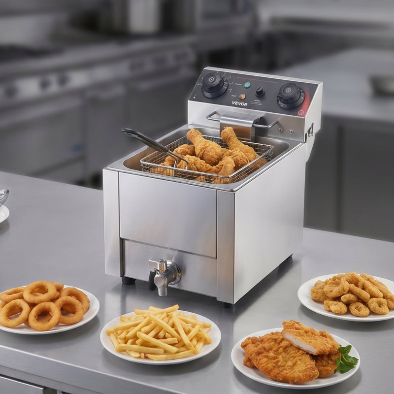 Commercial Electric Deep Fryer, Oil Filtration Upgrade, 9.51 Qt, 1750W Stainless Steel Countertop Fryer with Basket and Lid, Temp Control, Oil Drain Valve for Commercial Restaurant Use, Silver