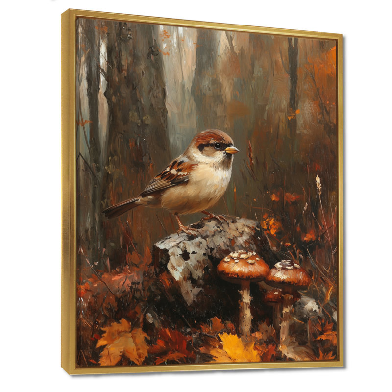 «Sparrow parmi les champignons sauvages», art mural sur toile, H 32 po x l 16 po, Reproduction avec cadre flottant, Doré