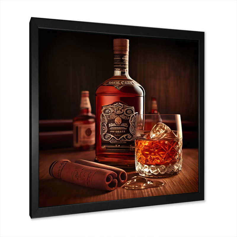Whiskey with Cigars I - reproduction d'art sur toile, L 36 po x H 36 po, Impression noire sur toile encadrée