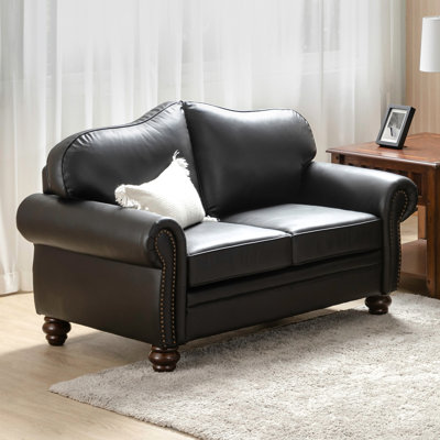 Causeuse Chesterfield en cuir véritable 60 po avec garniture cloutée et accoudoirs roulés Lemuel