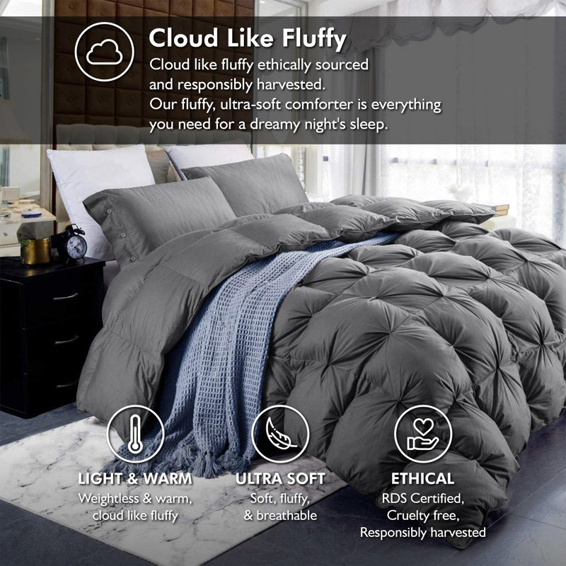 Luxurious All-Season Gray Pinch Pleat Goose Down Comforter Duvet Insert, Premium Pinch Pleat Design, 100% Down-Proof Cotton Cover, 750+ Fill Power, 60 - 80 Oz. Fill Weight