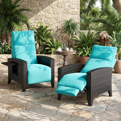 Outdoor Wicker Reclining Chair Set with Adjustable Backrest & Footrest – 150° Reclining Patio Lounge Chair with Flip-Up Side Table, Removable Cushion & Air Pump for Deck & Pool
