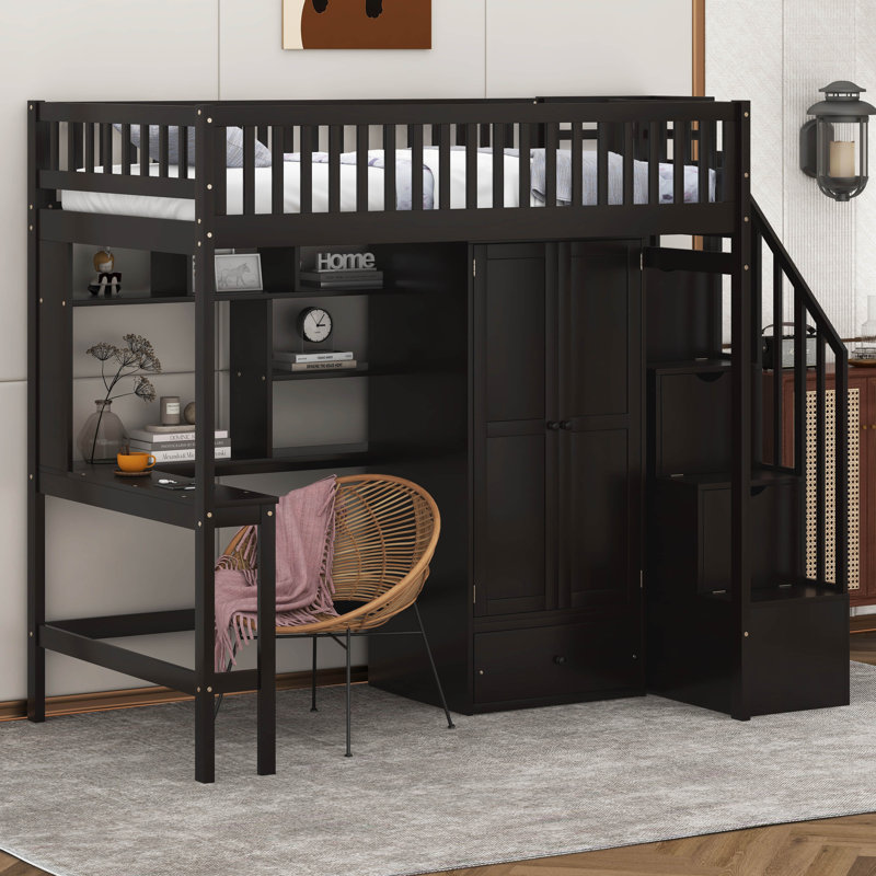 Imantas Kids Twin Loft Bed with Drawers, Espresso