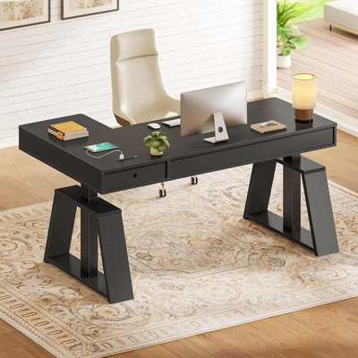 Bureau debout électrique en L avec tiroirs, bureau de direction réglable en hauteur de 59 po avec prises de courant, table d'ordinateur pour le bureau personnel, noir