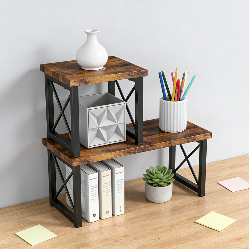 Organisateur de bureau, bibliothèque de bureau en bois à 2 niveaux avec conception réglable et empilable, support de rangement autoportant pour l'organisation de bureau et de bureau à domicile