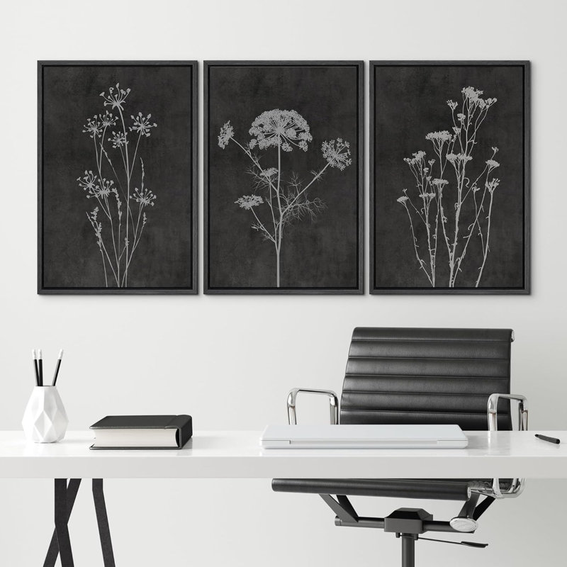 Silhouette minimaliste de fleurs sauvages botaniques, art floral minimaliste, Noir, H 36 po x l 72 po