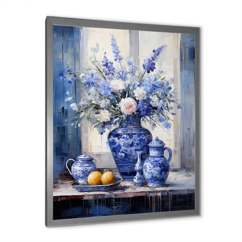 Boho bleu et blanc plante poterie IV - Boho, Cadre simple argenté, H 20 po x l 12 po x P 1 po