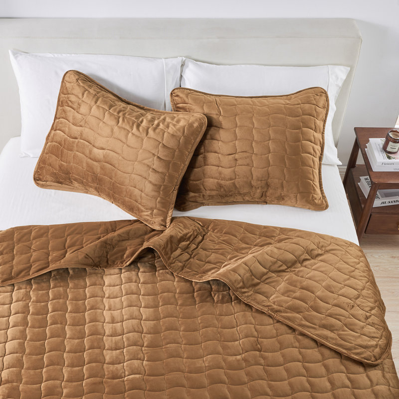 Ensemble de courtepointe en velours cousu, Courtepointe pour simple TG + 1 taie décorative s, Cognac