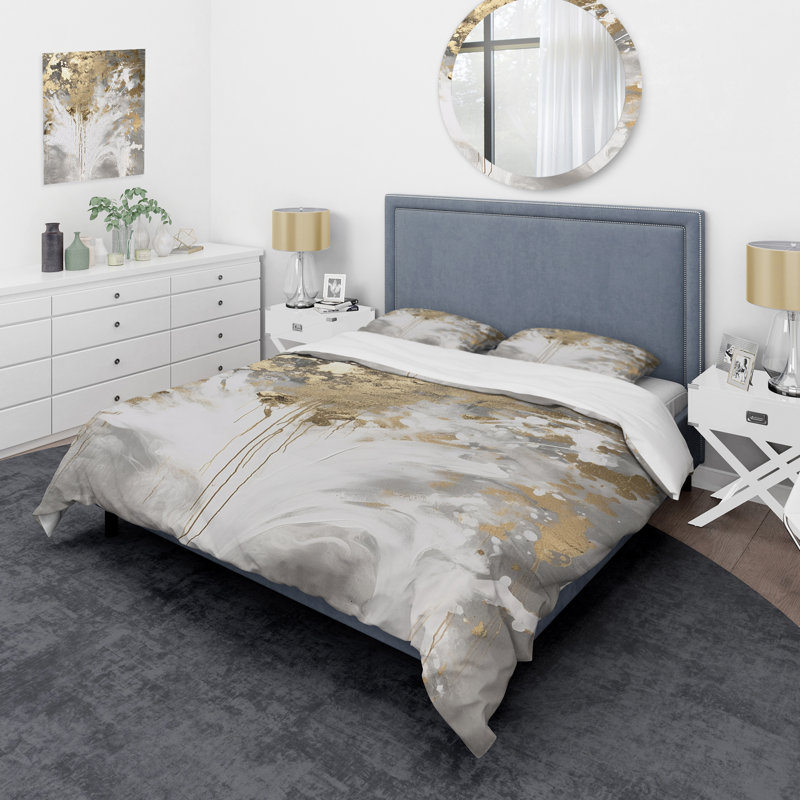 White And Gold Modern Abstract II - Abstract Duvet Cover Set, King Duvet Cover + 2 King Shams