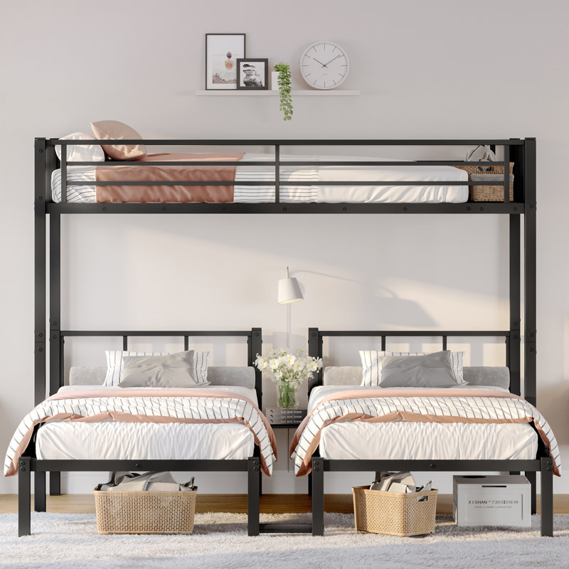 Lit superposé en métal pour 3 personnes, simple TG au-dessus de simple et simple, cadre convertible avec tablette, noir