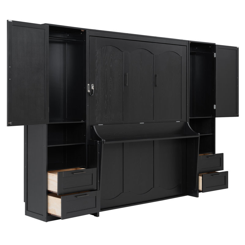Grand lit escamotable mural avec placard, tiroirs et tablettes, placard en chêne, noir